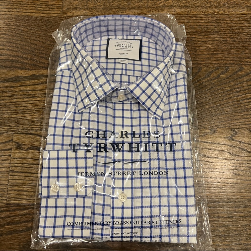 NWT Charles Tyrwhitt White and Blue Grid Dress Shirt